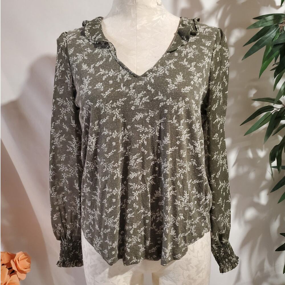 Lucky Brand Ditzy Floral Sheer Bishop Poet Sleeve Ruffle V-Neck Top Sz S Green